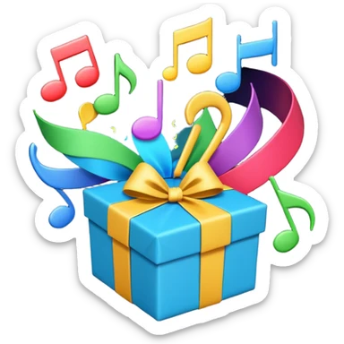 A wrapped gift box opening with colorful music notes flying out. sticker