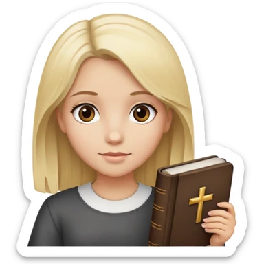 Girl with blond hair and dark brown eyes who have bible  sticker