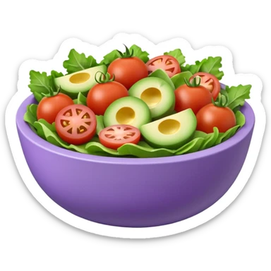 Modern premium 3D emoji icon: salad bowl (🥗), smooth rounded shapes, matte + subtle gloss, top-left studio light, soft shadow. Purple bowl with lavender rim; ingredients in natural colors, all sliced/chopped (no whole tomatoes). Centered, transparent background, no text sticker