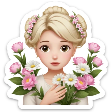 emojis.com a-girl--sitting--near-various-bouquets-of-flowers-,-white-and-pink-flowers-.-she-is-holding-a-single-white-flower-up-to-her-face,-her-hairstyle-is-slightly-messy-updo,-with-a-few-soft-strands-f (1) sticker