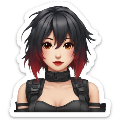 Gorgeous techwear anime style lady with blushing face aesthetic and pretty edgy black red punk hair with hair garment and collar  and harness trending style sticker