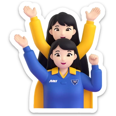 East Asian woman with long black straight hair and bangs wearing navy and white Doosan Bears team colors, cheering sticker