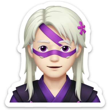 A young pale skinned Japanese man, with long free white hair. Purple eyes pink lips. Devious smile and an eyepatch sticker