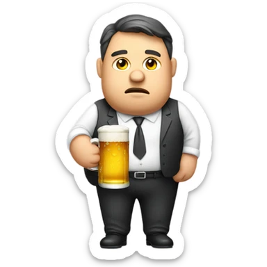 Sad fat accountant holding a beer sticker