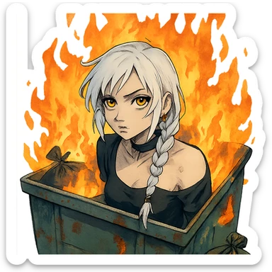 she is poking out from a garbage dumpster, fire, garbage fire, everything is on fire, a closeup portrait of young woman with gold yellow eyes, white hair, long braid, black off-shoulder top d-cup, punk gothic style, futuristic cyberwave cyberpunk, sticker