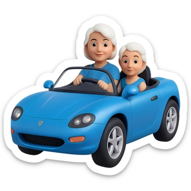 Make this mother with white hair driving a blue sports car look 10% more realistic in the style of 3D Emoji, keep the 3D emoji style, no background. sticker