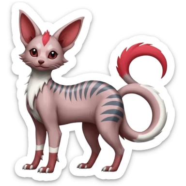 Minccino-Sphynx-Lykoi-Linoone-Zangoose-fusion-hybrid-animal-Fakémon-creature, full body, thin long sleek scaly tail, intricate markings sticker