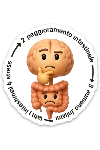 EMOJI STILE IPHONE 3D DI un cerchio con queste scritte che girano intorno in ordine per come li ho scritti "1. stress → 2. peggioramento intestinale → 3. aumento infiammazione → 4. peggioramento sintomi intestinali e sistemici." al centro del cerchio metti un cervello e intestino umani collegati verticalmente con espressione dubbiosa in volto, FALLO MOLTO REALISTICO IN 3D sticker