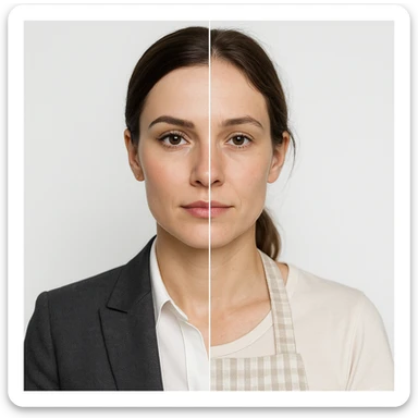 hyper realistic, symmetrical split-image of a woman, left side with office makeup and attire, right side natural, homemaker apron, white background, clear contrast sticker