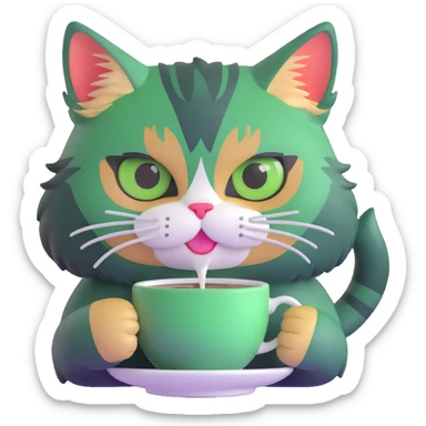 tricolor fluffy cat with big green eyes drinking a cup of coffee sticker