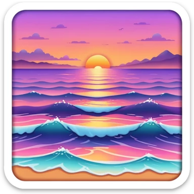 Sunset over a calm ocean with soft waves and a clear sky." sticker