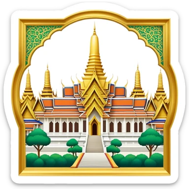 Cinematic Realistic Grand Palace Bangkok Landmark Emoji, showcasing the opulent golden spires, intricate Thai architecture, and the Emerald Buddha Temple set within a vibrant, manicured courtyard. sticker