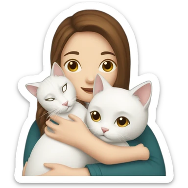 a brown haired white woman hugging white cat sticker