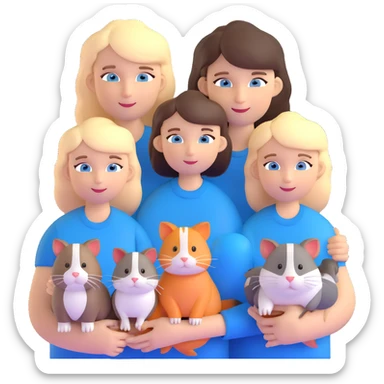 Family portrait with father with dark brown hair and blue eyes, mother with light brown hair and blue eyes, three blonde little girls with blue eyes, plus a cat and two guinea pigs sticker