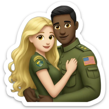 a blonde girl hugs a dark-haired man in a green military uniform sticker