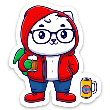 Catfish wearing a red hooded winter jacket, round glasses, blue jeans, red boots, holding a beer can with red label sticker