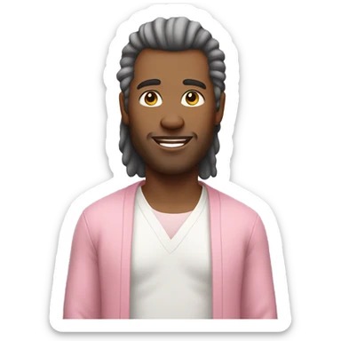 Man with mullet hair wearing white long tee and white long pants with pink cardigan sticker