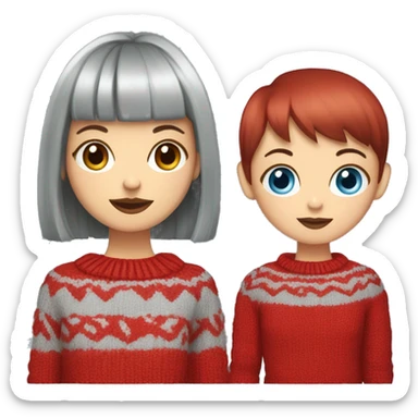 girl with short hair and bangs (a fringe) with blue eyes, long eyelashes and red lipstick in a red cable knit sweater holding a grey cat sticker