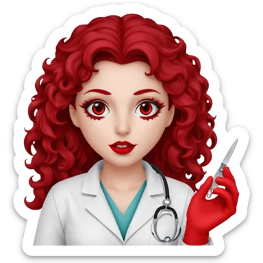 Lilith scalpel in hand, evil surgeon sexy surgeon clothes.  She has red eyes. She has dark brown long curly hair. Wears sexy doctor outfit with red gloves. Covers mouth neck and nose with red litham only covering under her nose to hide her identity sticker