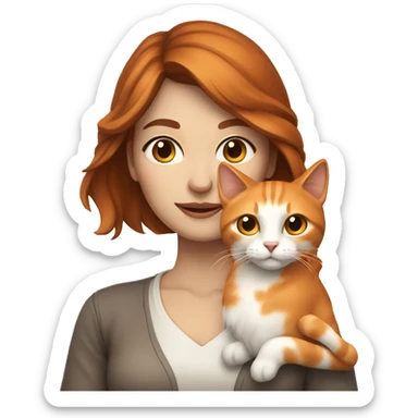 Woman with fair skin and long brown hair holding white and orange cat sticker