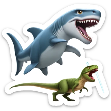 Shark fighting T rex with lightsaber sticker