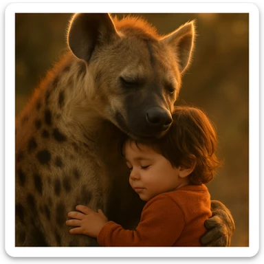 photorealistic hyena hugging a child with warm lighting, no cyberpunk sticker