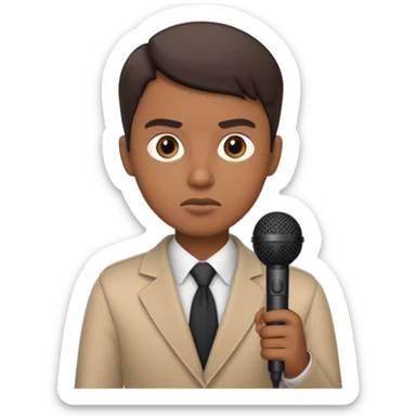 a journalist with a microphone sticker