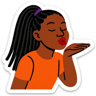 Black girl with long black braids, half up half down, blowing a kiss sticker