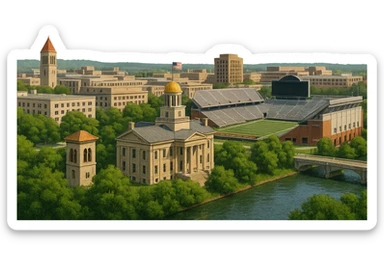 cinematic realistic emoji of Iowa City wide city view with iconic landmarks Old Capitol Building Kinnick Stadium University of Iowa campus Iowa River lifelike detail accurate colors bright daytime lighting no sky no clouds no city name label transparent background sticker