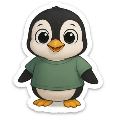 penguin with big eyes wearing a green t-shirt, friendly appearance sticker
