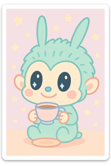 Labubu character sipping tea from a cup, cozy atmosphere, warm and inviting, cute and comforting sticker
