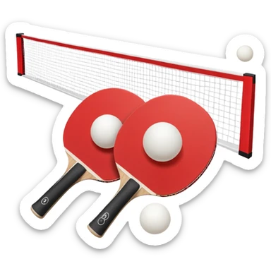 Two table tennis paddles and a ball placed on a ping pong table, with the net in the background. The scene conveys the simplicity and focus of the sport, with vibrant colors highlighting the rackets and ball on the smooth surface of the table. sticker