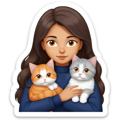 a girl with long dark brown hair, in a navy sweater, hugs a persian peaknose grey cat and persian peaknose orange and white kitten sticker