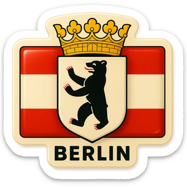 Create an icon for Berlin with a rectangular flag background that is white with red stripes. Center the Berlin coat of arms featuring a bear with a crown. The style should be less cartoonish and match the retro stickers style. Maintain exactly the same format and proportions as the Brandenburg icon from the provided reference image. sticker