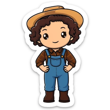 white girl with dark brown curly hair, brown eyes, wearing farm clothes sticker