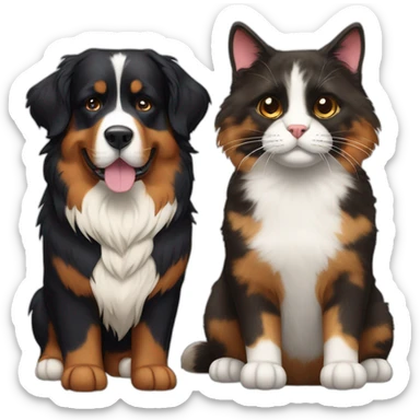 A Bernese dog next to A tortoiseshell cat with no white fur sticker