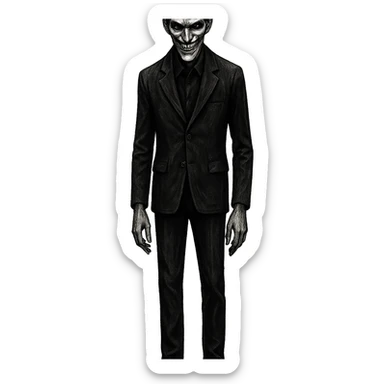 tall scary man, sharp features, creepy smile, horror vibe sticker