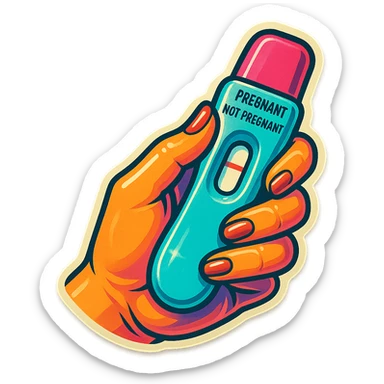 negative pregnancy test in hand, retro stickers style, soft rounded shapes, expressive contours, vintage color palette, light paper texture, shadows and highlights, transparent background sticker