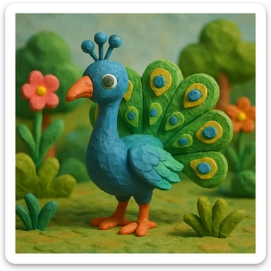 peacock standing in a garden, playful and vibrant, textured look, claymation style sticker