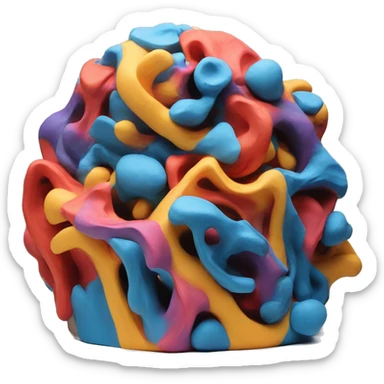 a colorful abstract sculpture made with modeling clay on a white plinth sticker