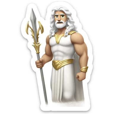 white Poseidon with gold Trident. long white hair white dress. show biceps muscle sticker