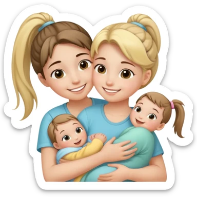 Teenage girl with ponytail embracing a baby and her little sister, loving family sticker