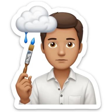 a man in a white buttoned shirt with a thinking cloud picturing a brush sticker