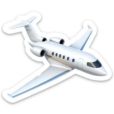 A 3D cartoon sleek white private jet flying through clear sky, sunlight glinting off fuselage, Memoji-style rendering. sticker