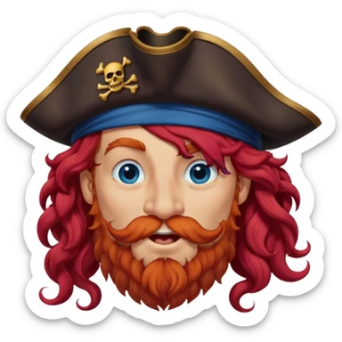 pirate with long curly red hair, blue eyes, strong nose and a chin dimple winking and licking his mouth seductively, no facial hair sticker