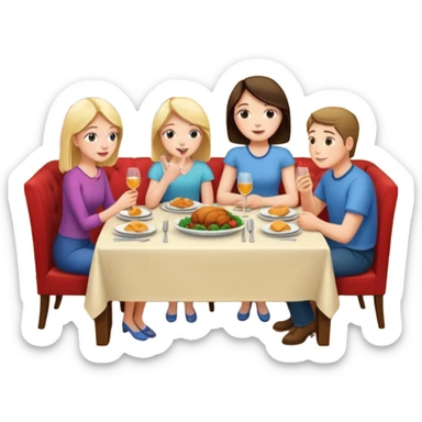 people at a dinner table with a girl on sofa talking in a home sticker