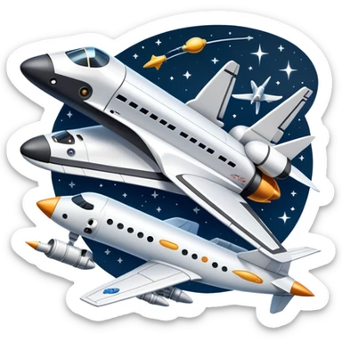 An icon featuring a space shuttle, a drone, and an airplane against a starry sky, symbolizing aerospace technology. The design includes rocket boosters and satellite orbits, representing the exploration of space and advanced aviation. Transparent background sticker