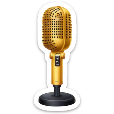 Create a vibrant and dynamic emoji that represents pop vocal performance without people. The design should feature a close-up of a classic stage microphone (retro-style) with a lanyard, set against a stage background. Add concert lighting, a celebratory salute of confetti or fireworks in the background, and musical notes forming a ribbon, symbolizing the performance and creativity of pop vocals. Include subtle elements like a formal stage costume to emphasize the professional aspect. Use bright, bold colors like gold, red, and neon to reflect the energetic and glamorous nature of pop vocal performance. The background should be transparent. sticker