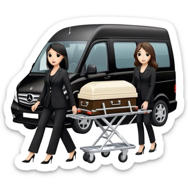 Two woman in black pants suits. One I brunette and one has black hair. They are pushing a funeral stretcher in to a black Mercedes Vito funeral van  sticker