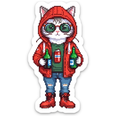 Catfish wearing red hooded winter jacket, round glasses, blue jeans, red boots, holding beer can with red label sticker
